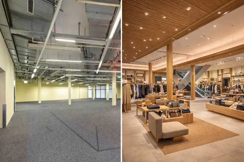 Left side: Vacant, large space with ceiling lights, metal beams, grey carpet, yellow wall. Right side: A retail space with wooden flooring, a staircase, clothing displays, and modern fixtures.