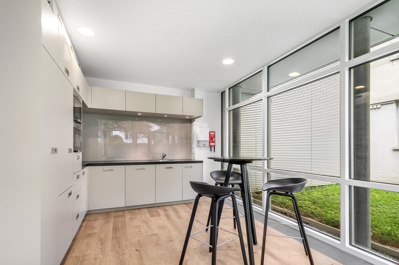 Modern kitchen with wooden floor, large windows, modern furniture, white cabinets, kitchen island with barstools