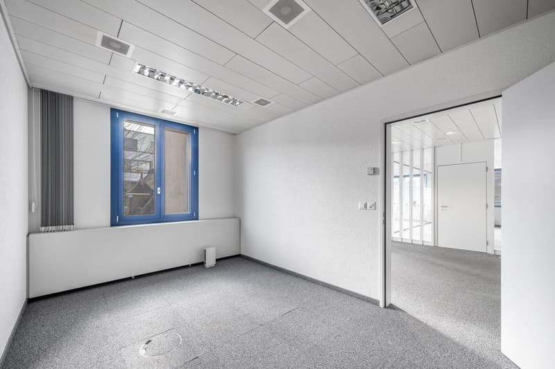 empty room, white walls, gray floor, blue window, white ceiling