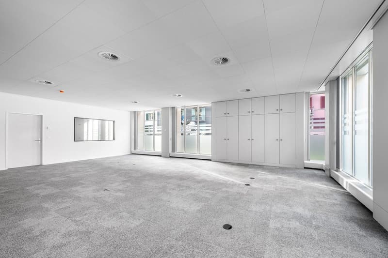 empty room, white walls, gray carpet, large windows, white cabinets