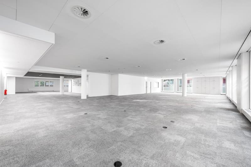 Empty room with white walls, gray carpet, and ceiling with ventilation