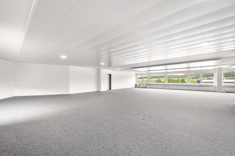 empty office room, white walls, grey carpet, large windows with view to outside, fire extinguisher
