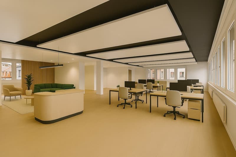 modern office space with beige flooring, white walls, large windows, wooden desk, office chairs, green couch, beige sofa, beige carpet, potted plant, wooden wall paneling, ceiling lights
