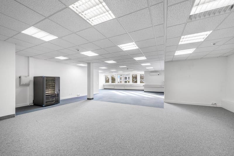 empty room, white walls, gray carpet, white ceiling with lights, windows, server rack