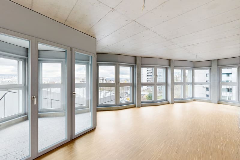 modern room, large windows, wooden floor, white walls, balcony
