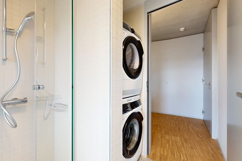 stacked washer and dryer, shower room, tiled wall, wooden floor