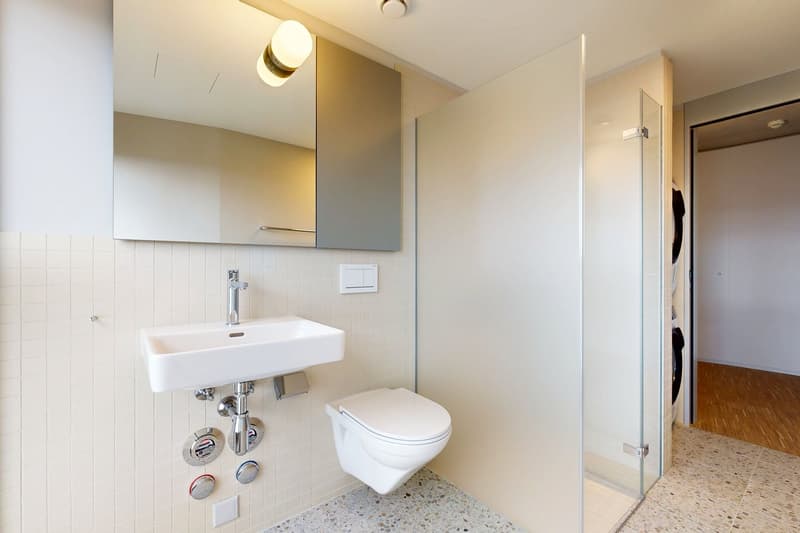 small bathroom with white sink, mirror, wall-mounted shower, toilet, washing machine, white tiled walls and floors