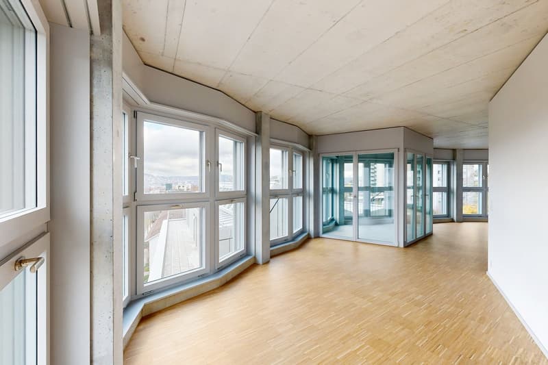 large windows, wooden floor, white walls, modern design