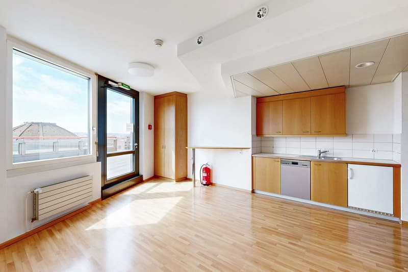 Open-plan living area with kitchen, hardwood floors, large windows with balcony access, wooden cabinets, and appliances including a dishwasher