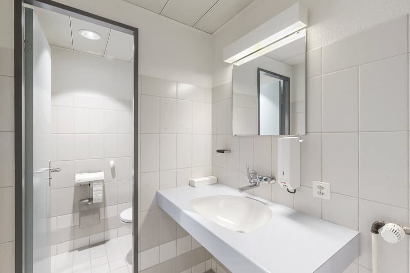 Spacious bathroom with white tiles, a large vanity sink, a mirror cabinet, and a separate toilet area. The bathroom appears to have a private washing machine installed.