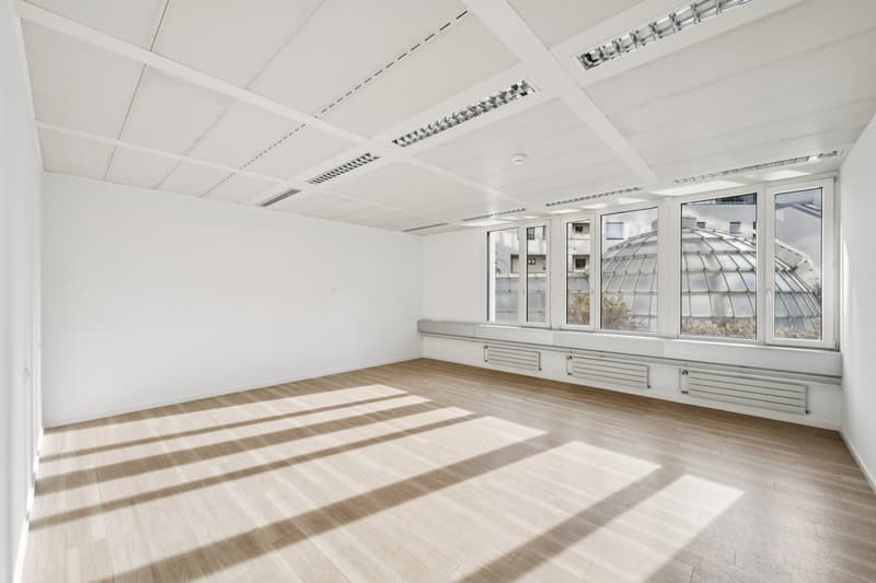 empty room, wooden floor, white walls, large windows, white ceiling