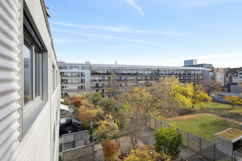 modern building, balconies, garden, fence, street view