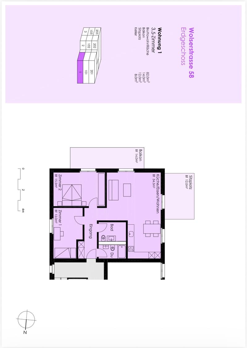 Appartement 3,5 pièces au rez-de-chaussée avec 82m2, balcon 14m2, espace de sièges 12m2, exposé au sud (3)