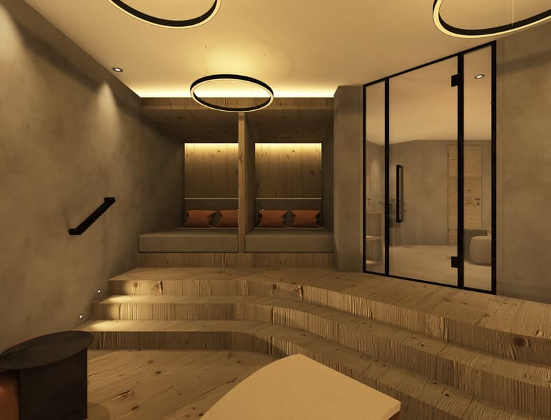 Visualisierung des Wellnessbereichs. Die Renderings dienen ausschliesslich der Veranschaulichung und Inspiration. Sie stellen weder eine finale Planung noch eine verbindliche Zusicherung oder Garantie für die spätere Ausführung dar.