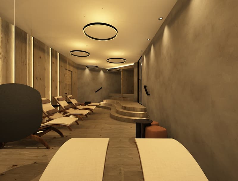 Visualisierung des Wellnessbereichs. Die Renderings dienen ausschliesslich der Veranschaulichung und Inspiration. Sie stellen weder eine finale Planung noch eine verbindliche Zusicherung oder Garantie für die spätere Ausführung dar.