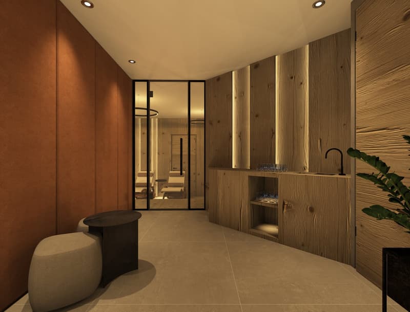 Visualisierung des Wellnessbereichs. Die Renderings dienen ausschliesslich der Veranschaulichung und Inspiration. Sie stellen weder eine finale Planung noch eine verbindliche Zusicherung oder Garantie für die spätere Ausführung dar.