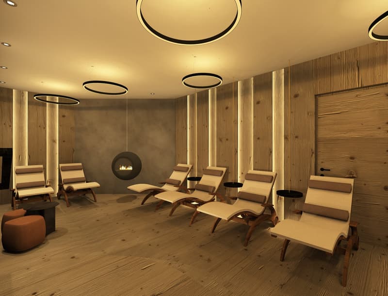 Visualisierung des Wellnessbereichs. Die Renderings dienen ausschliesslich der Veranschaulichung und Inspiration. Sie stellen weder eine finale Planung noch eine verbindliche Zusicherung oder Garantie für die spätere Ausführung dar.
