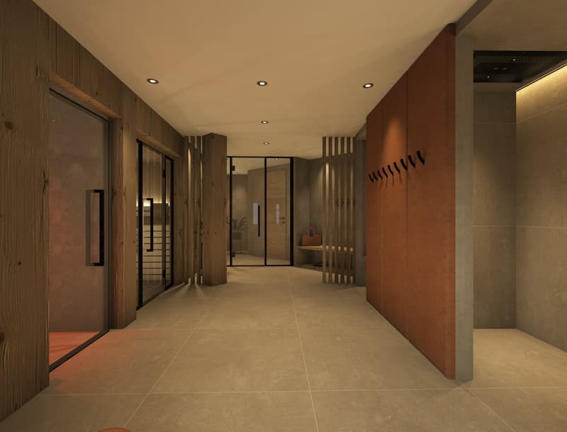 Visualisierung des Wellnessbereichs. Die Renderings dienen ausschliesslich der Veranschaulichung und Inspiration. Sie stellen weder eine finale Planung noch eine verbindliche Zusicherung oder Garantie für die spätere Ausführung dar.