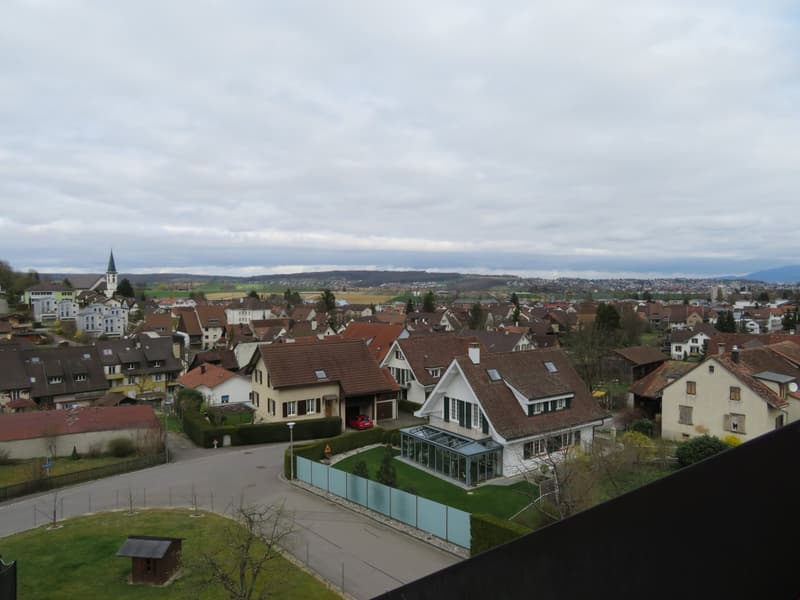 Aerial view of residential area with houses, church, and clear sky. Buildings and houses are mainly of brown brick and white painted walls. Many houses have glass carports and garages. Roadways and paths are visible and the greenery is minimal.