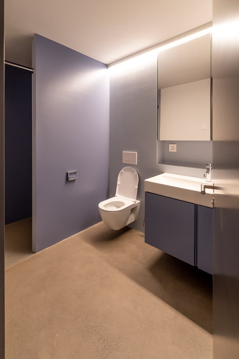 Nasszelle mit begehbarer Dusche, grossen Spiegelschrank und eigenem Waschturm