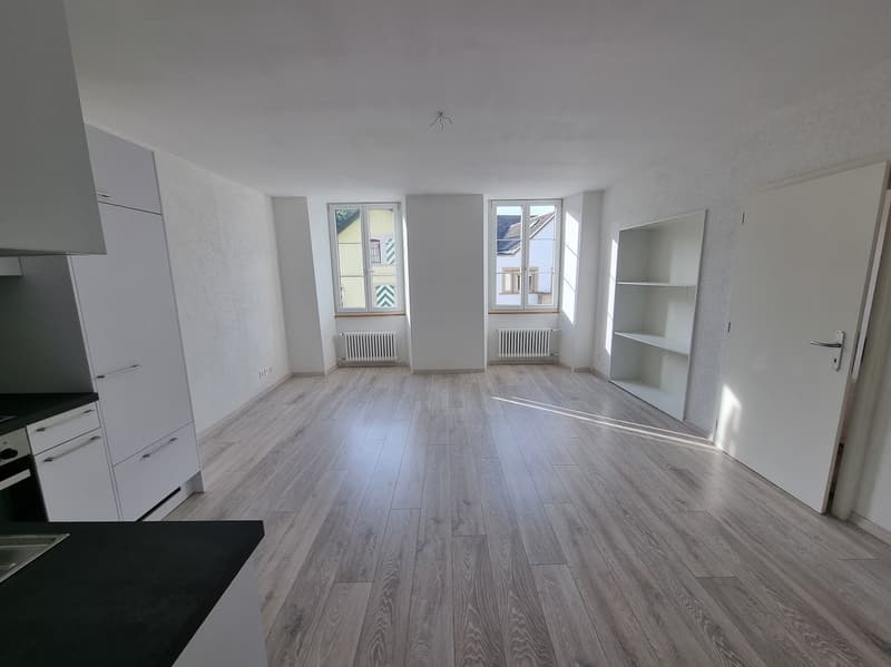 empty kitchen with white cabinets, wooden flooring, modern appliances, radiators, large windows