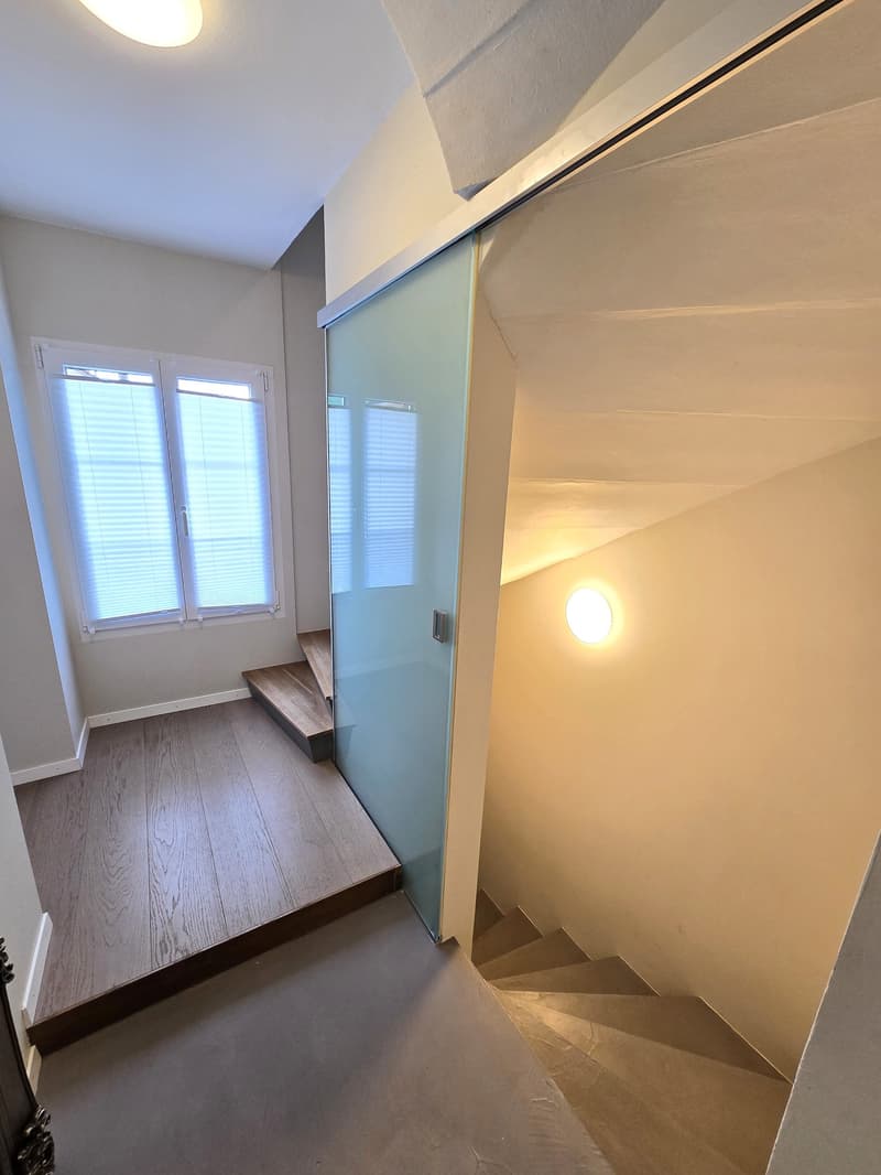 wooden floor, glass door, window, stairs, light