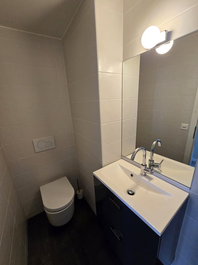 Bathroom with white tiles, white toilet, white sink, mirror, and a wall-mounted light