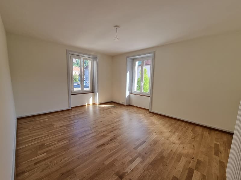 empty room, wooden floor, white walls, two windows, ceiling light