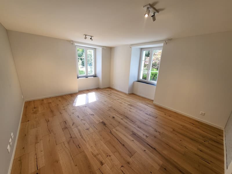 empty room, wooden floor, white walls, two windows, ceiling lights