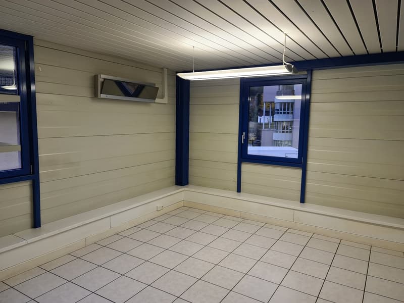 empty room, white tiled floor, white walls, ceiling with slats, recessed lighting, blue window frames, windows