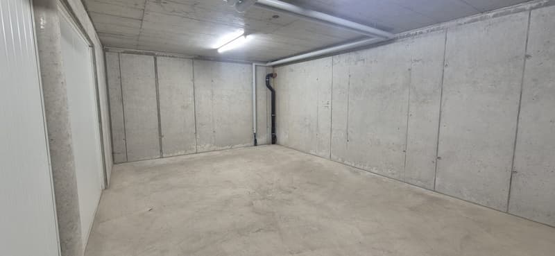 Empty room with concrete walls, a concrete floor, a pipe, and a fluorescent lamp