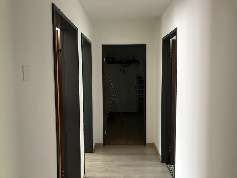 empty hallway, three closed doors, wooden floor