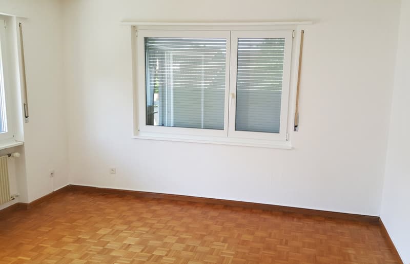 empty room, white walls, parquet floor, window with blinds, power outlet, radiator