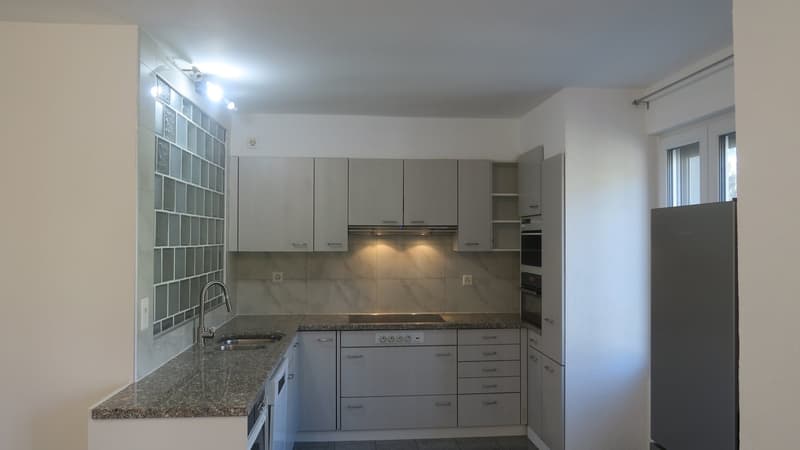 modern kitchen with granite countertops, stainless steel appliances, white cabinets, under cabinet lighting, double sink, dishwasher, washing machine