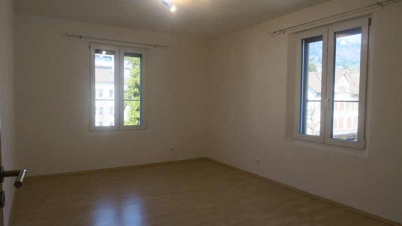 empty room, wooden floor, white walls, two windows, power outlets