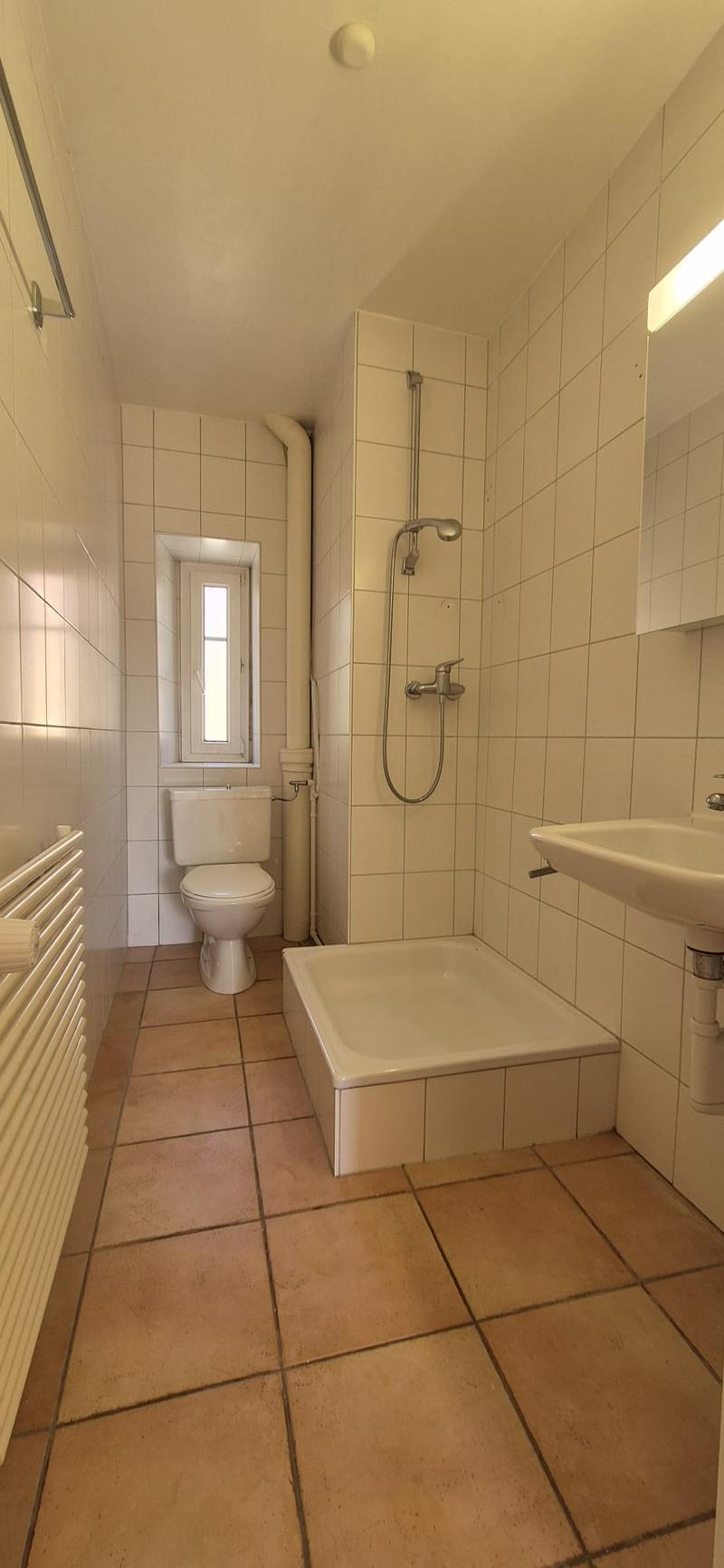 Bathroom with white tiles, brown tiles on the floor, white toilet, white bathtub, white sink, shower head, radiator