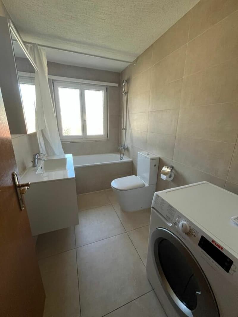 Bathroom with bathtub, toilet, sink, washing machine, and shower
