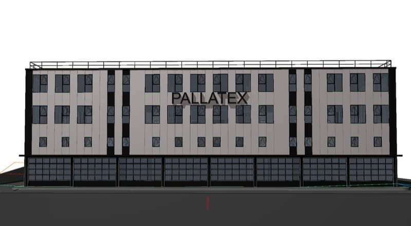 Building facade of Pallatex building with four stories and many windows, black and gray design