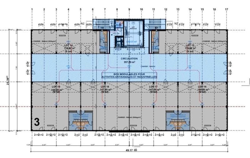 Circulation area, lots 14, 15, 16, 17, 18, 19 are identified with specific dimensions.