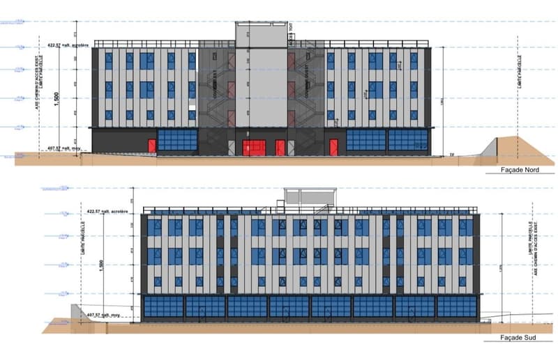 5 story building, multiple balconies, windows, two entrances