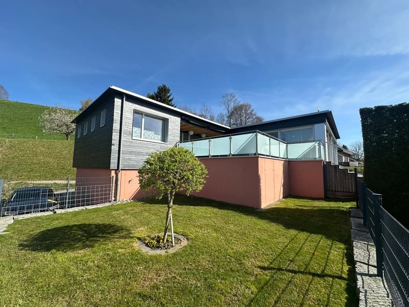 modern house, glass balcony, pink wall, green lawn, car parked
