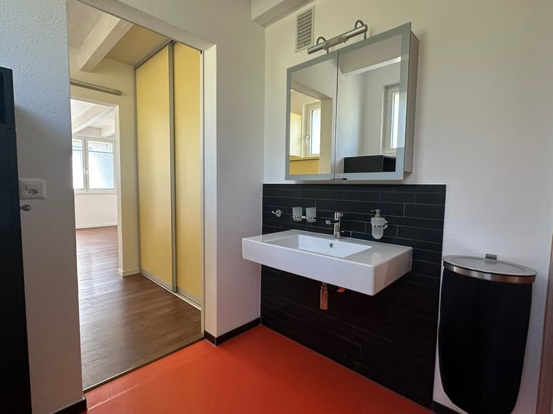 Bathroom with white sink, mirror, soap dispenser, trash can, black tiles, wooden floor, yellow door