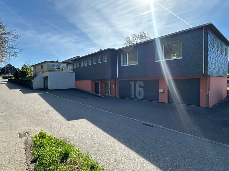 2 story house, blue and red exterior, 2 garages, number 16 on the front