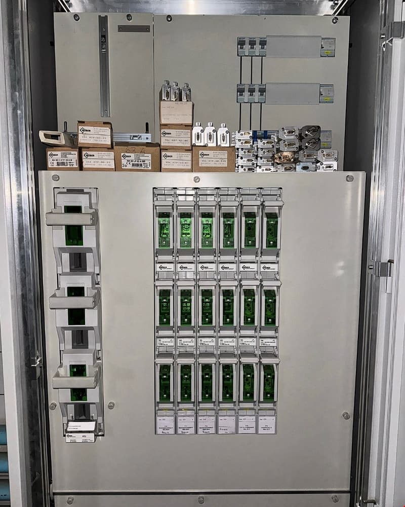 Power distribution panel with fuses and relays, brown boxes on top
