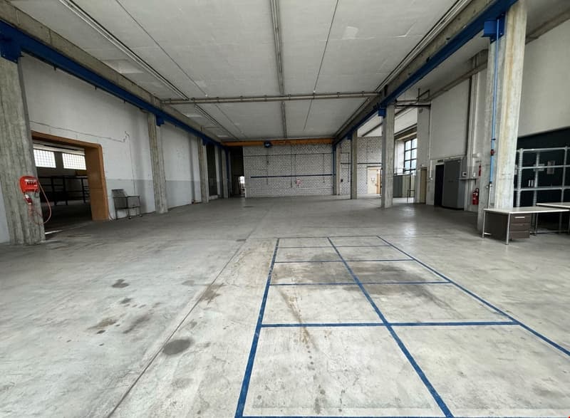 large room with high ceiling, blue lines on the floor, concrete walls, some equipment and furniture