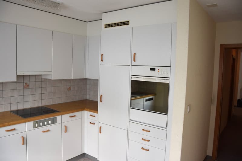 modern kitchen with white cabinets, wooden countertops, black induction stove, built-in oven, dishwasher