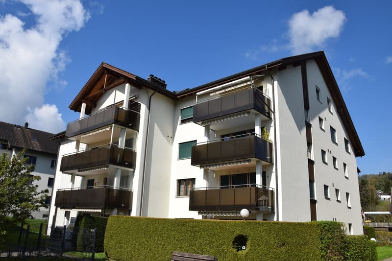 Modern apartment building with balconies, white exterior, brown roof, multiple floors, hedges, street lamp