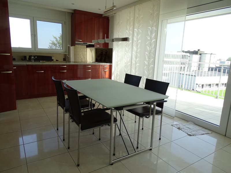 dining table, black chairs, sliding glass door, red wooden kitchen cabinets, kitchen appliances
