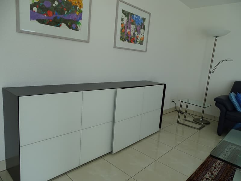 white and black cupboard, floor lamp, 2 picture frames, couch with blue pillows, glass table