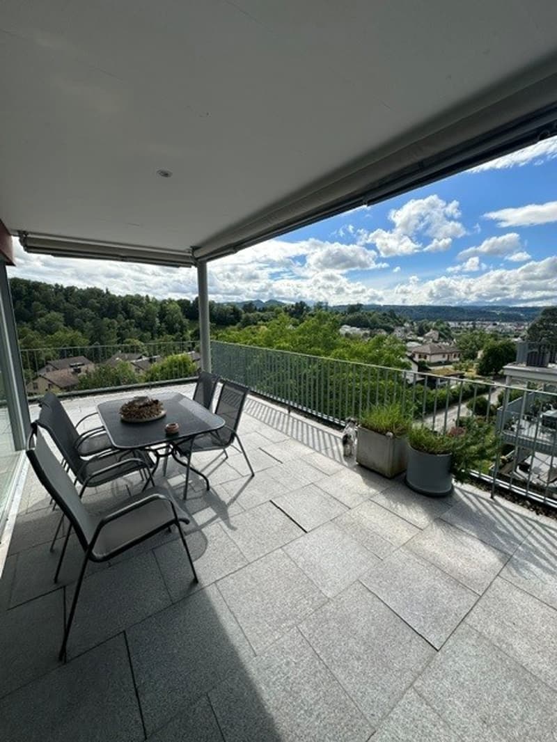 Blick vom Wintergarten zur Terrasse